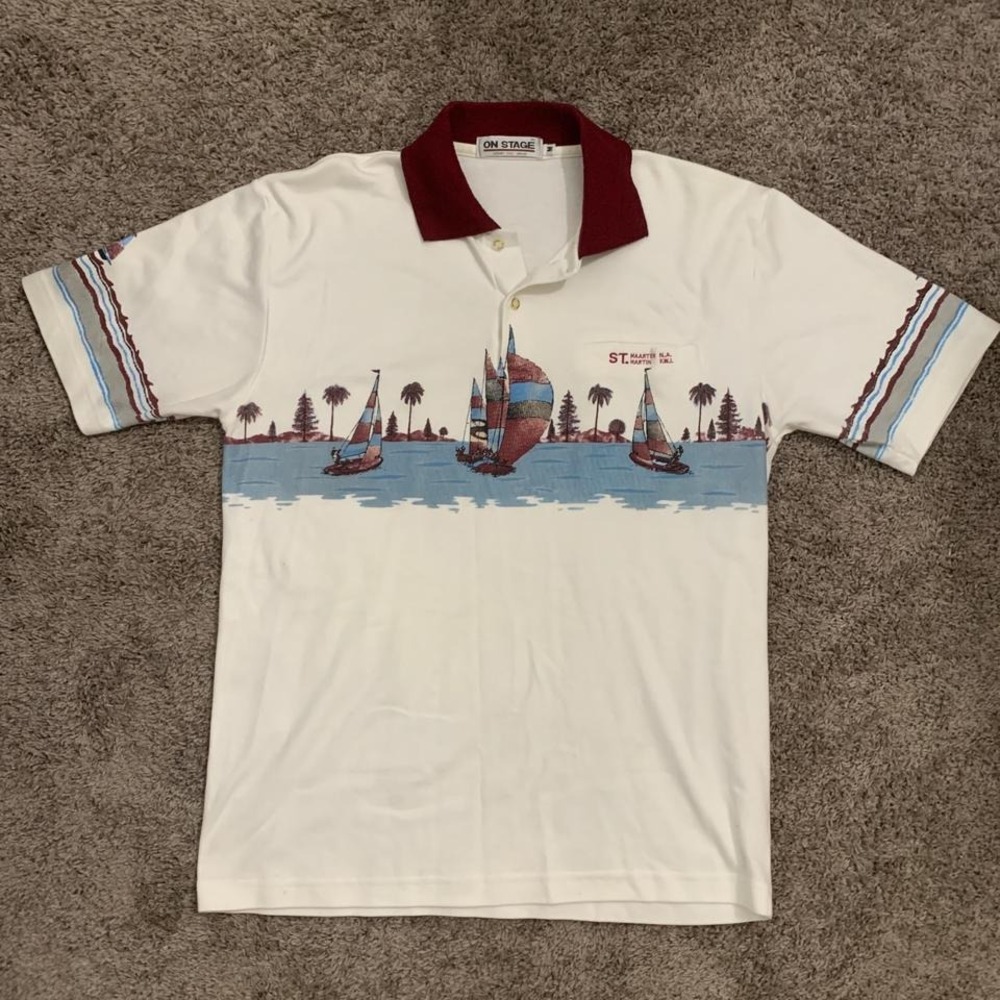 Vintage 1990s St. Maarten polo shirt with red collar and blue trim